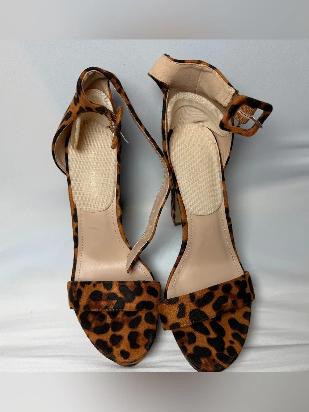 Leopard Print Ankle Strap Heels in Tan and Black
